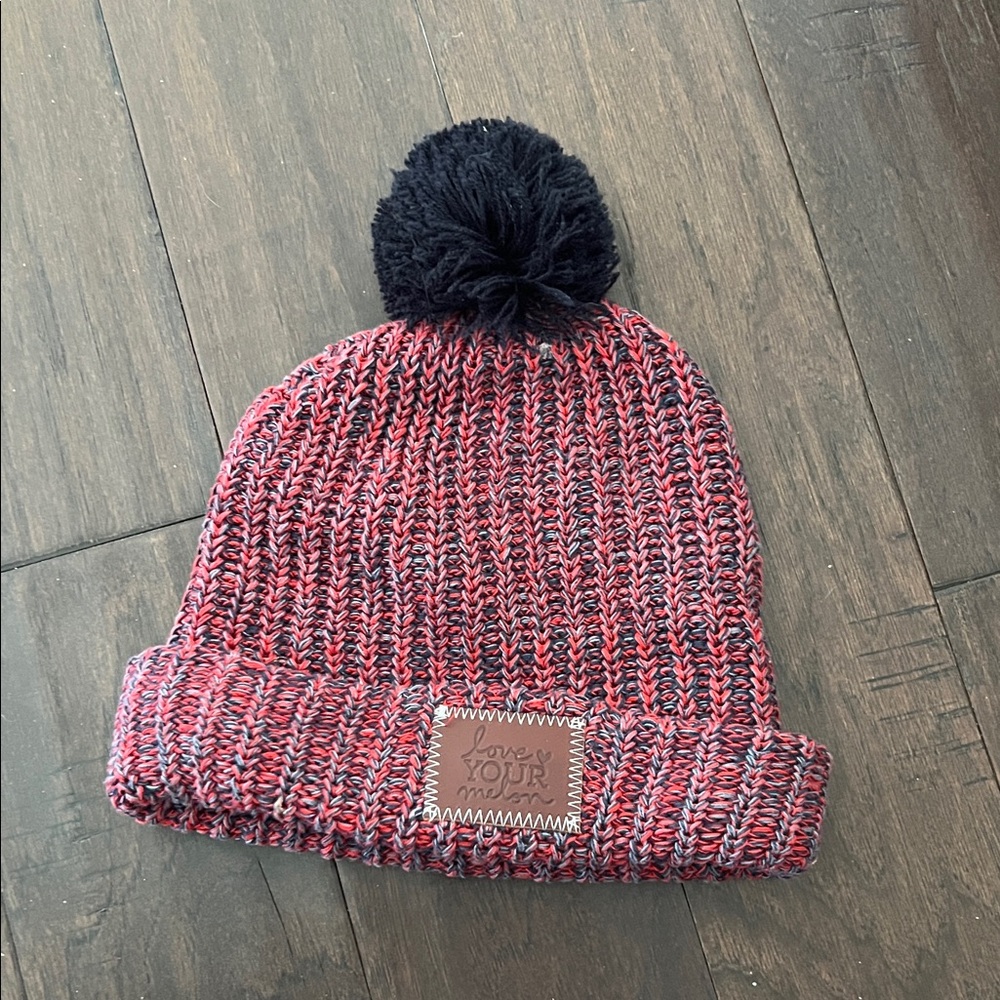 Love Your Melon Red and Navy Winter Hat Knit Pom-Pom Beanie